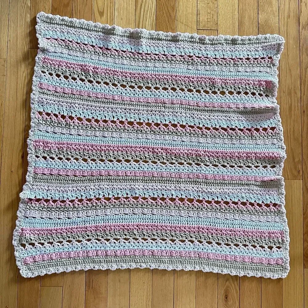 Hand Knit Baby Afghan Tan, White & Pink